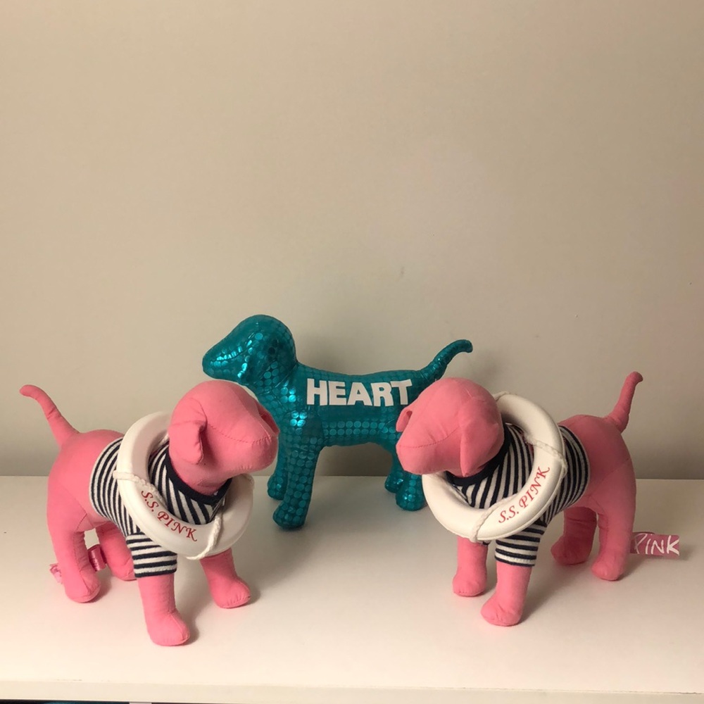 3 PINK Stuffed Dogs-1 Aqua HEART & 2 Nautical